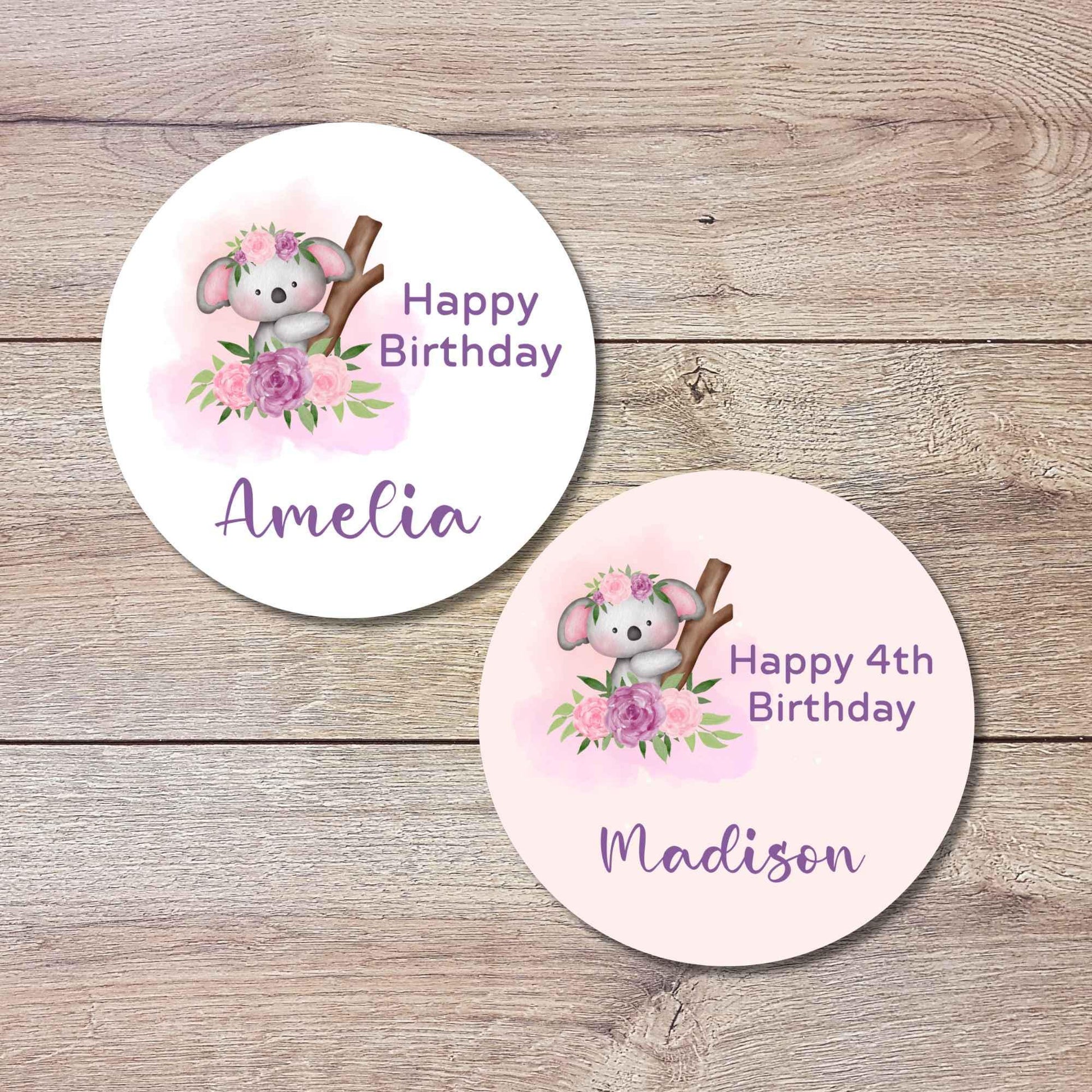 Personalized Floral Koala Bear Birthday Sticker, Custom Kids Party Favor Gift Bag Labels