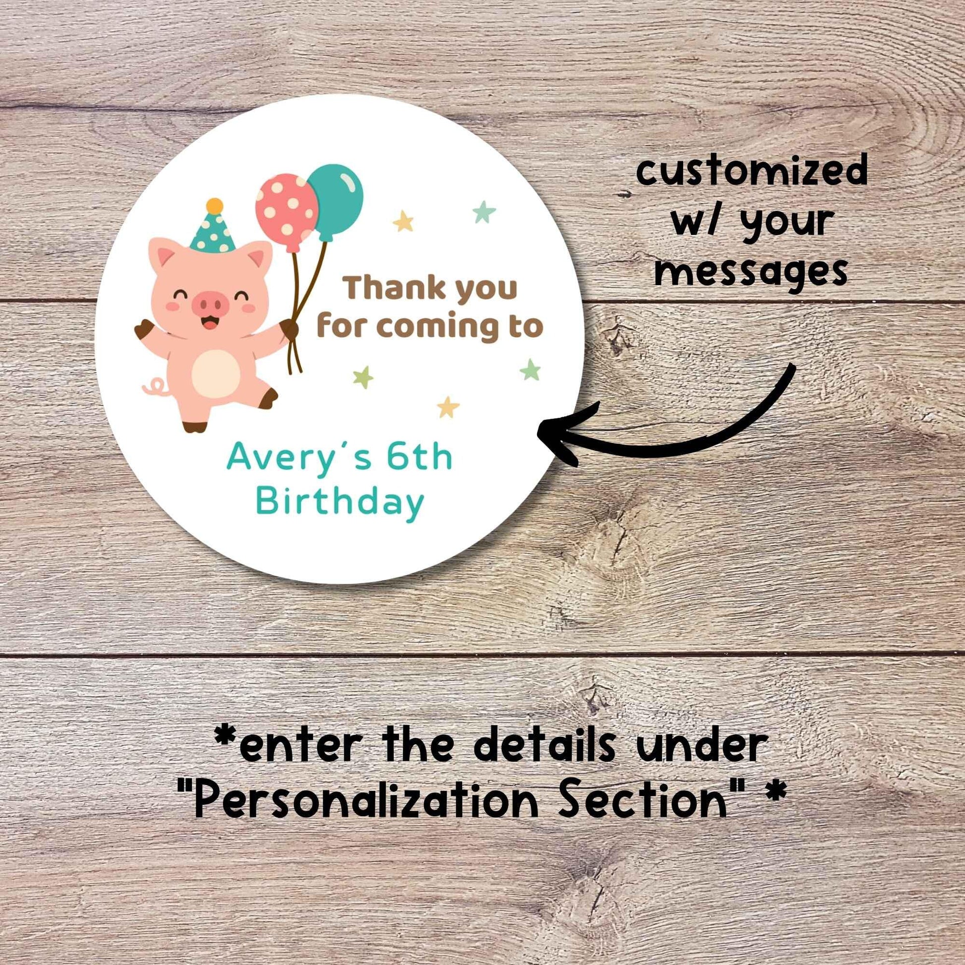 Personalized Pig Birthday Stickers, Custom Farm Animal Kids Thank You Party Favor Labels