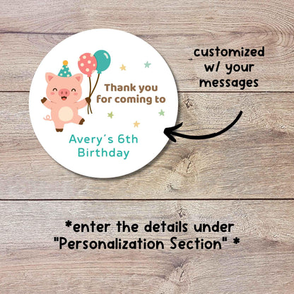 Personalized Pig Birthday Stickers, Custom Farm Animal Kids Thank You Party Favor Labels