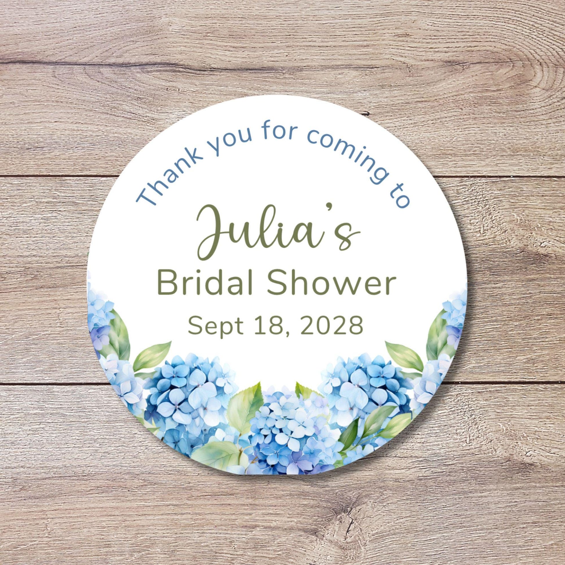 Personalized Watercolor Hydrangea Flower Bridal Shower Favor Stickers, Custom Thank You Party Gift Bag Labels