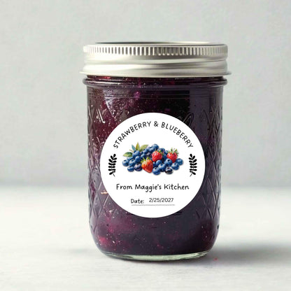 Personalized Strawberry Blueberry Jam Jelly Stickers, Custom Homemade Fruit Canning with Date Line Labels