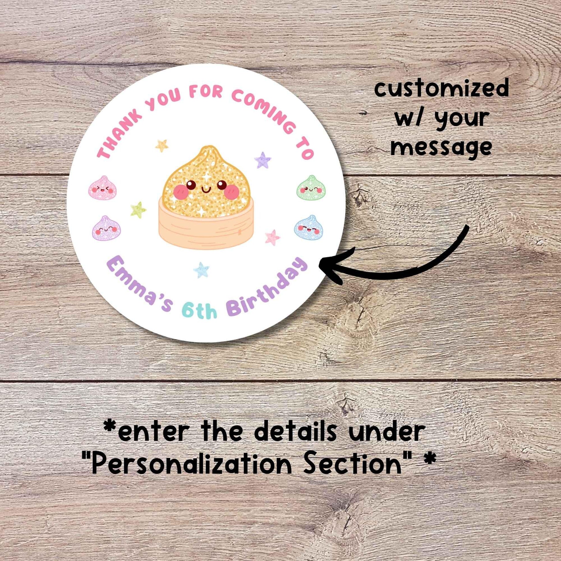 Personalized Glitter Dumpling Squishy Birthday Stickers, Custom Thank You for Coming Party Favor Labels