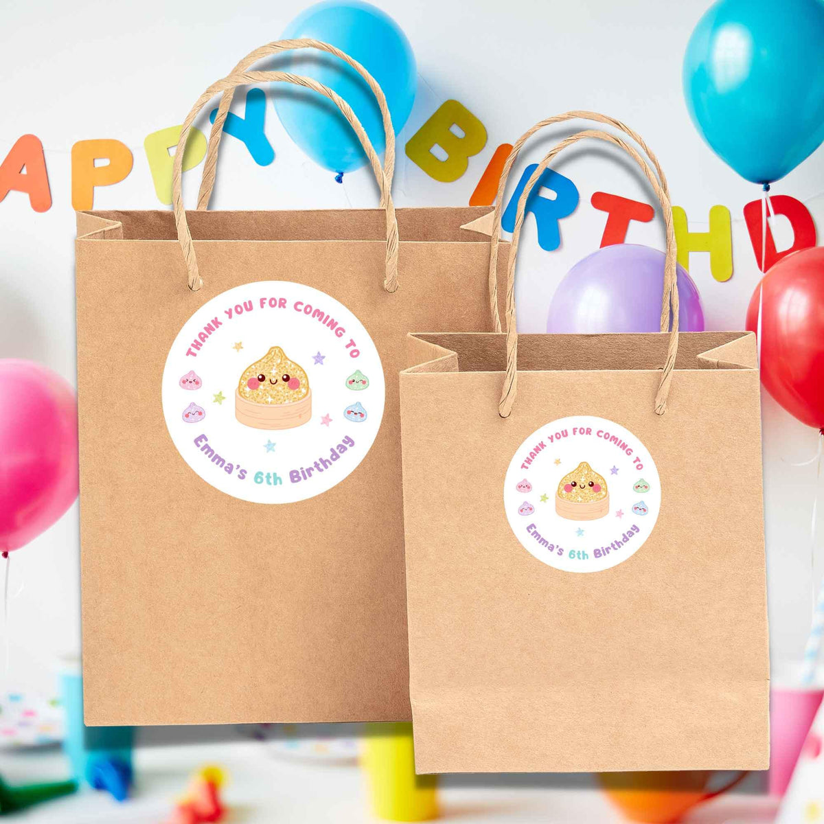 Personalized Glitter Dumpling Squishy Birthday Stickers, Custom Thank You for Coming Party Favor Labels