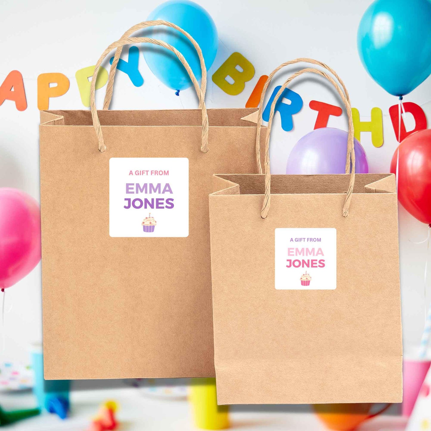 Personalized A Gift From Birthday Cupcake Square Stickers, Custom Kids Party Favor Teacher Gift Bags Labels