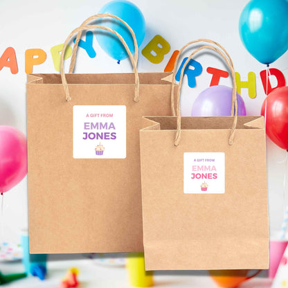 Personalized A Gift From Birthday Cupcake Square Stickers, Custom Kids Party Favor Teacher Gift Bags Labels