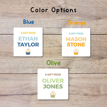Personalized A Gift From with Cupcake Square Stickers, Custom Kids Birthday Party Favor Teacher Gift Bags Labels