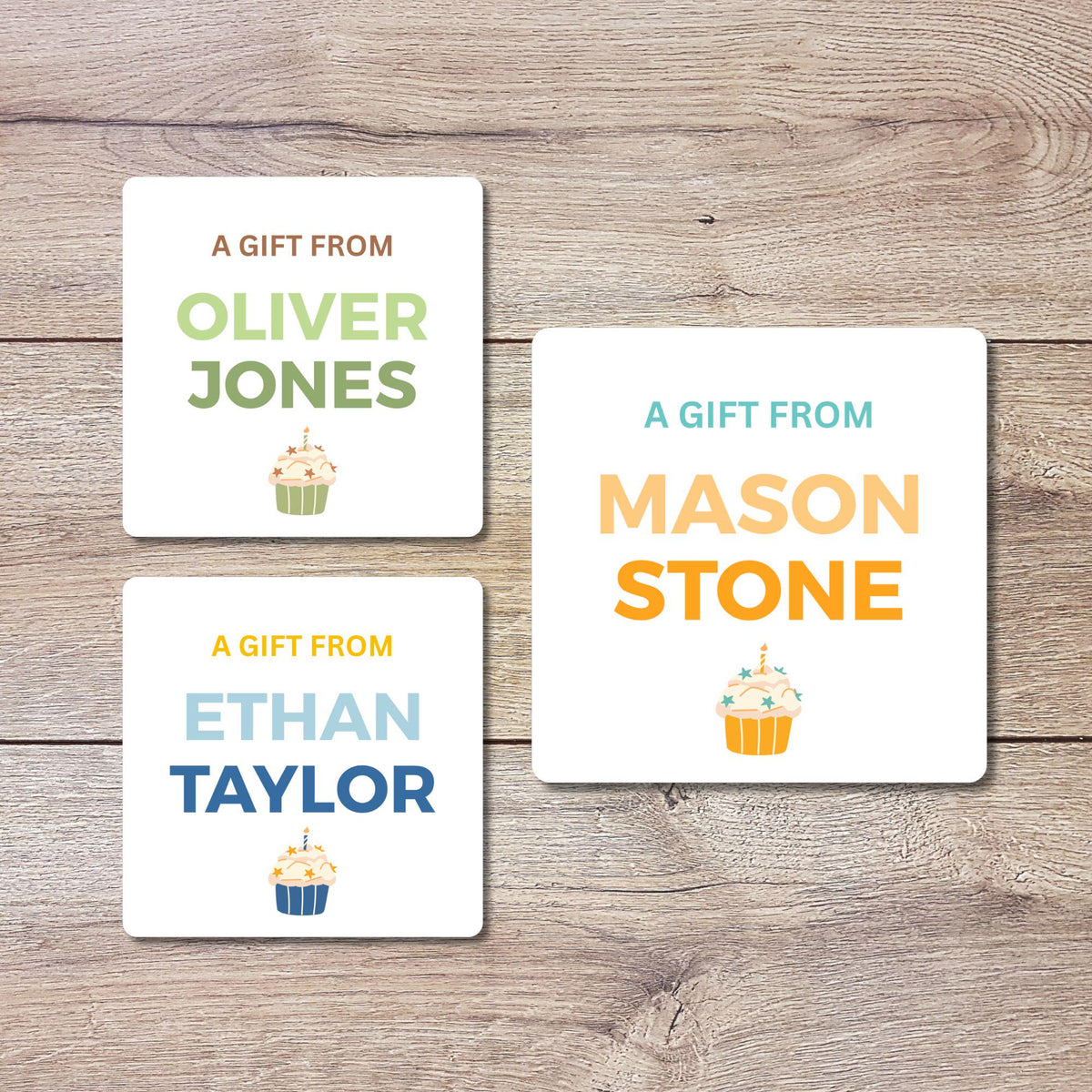 Personalized A Gift From with Cupcake Square Stickers, Custom Kids Birthday Party Favor Teacher Gift Bags Labels