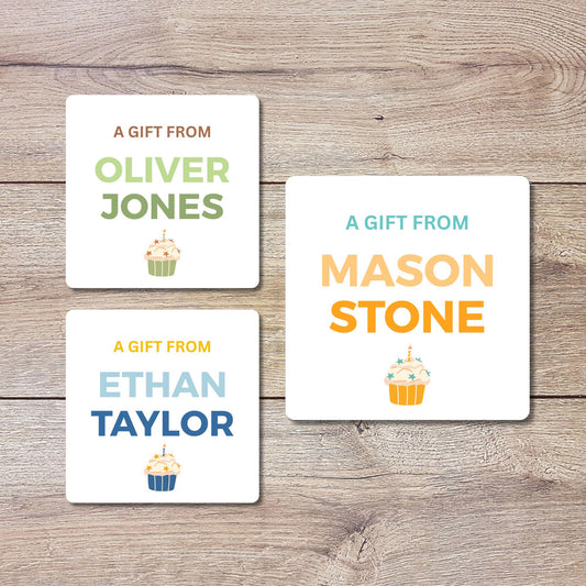 Personalized A Gift From with Cupcake Square Stickers, Custom Kids Birthday Party Favor Teacher Gift Bags Labels