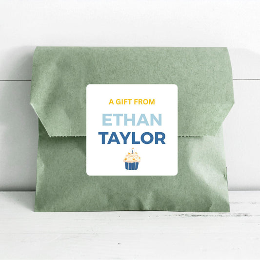 Personalized A Gift From with Cupcake Square Stickers, Custom Kids Birthday Party Favor Teacher Gift Bags Labels
