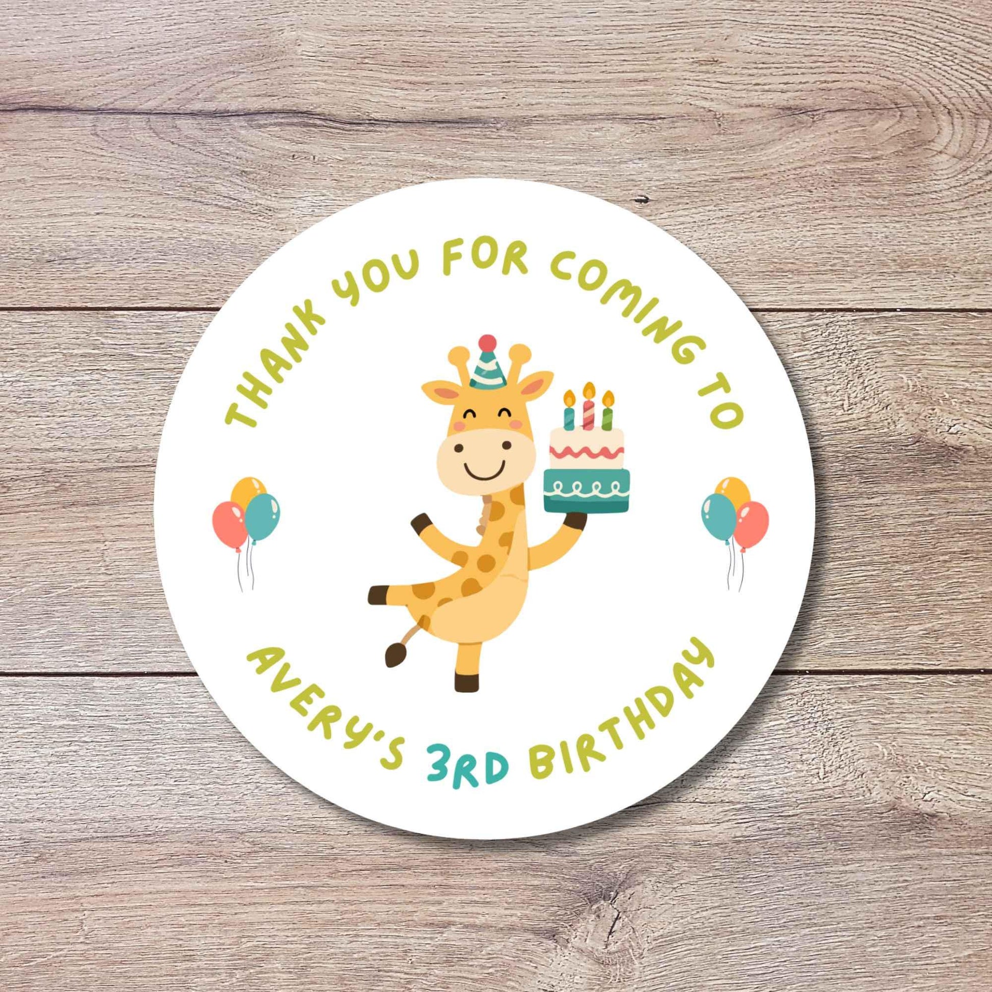 Personalized Giraffe Birthday Stickers, Custom Wild Safari Jungle Kids Thank You Party Favor Labels