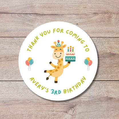 Personalized Giraffe Birthday Stickers, Custom Wild Safari Jungle Kids Thank You Party Favor Labels