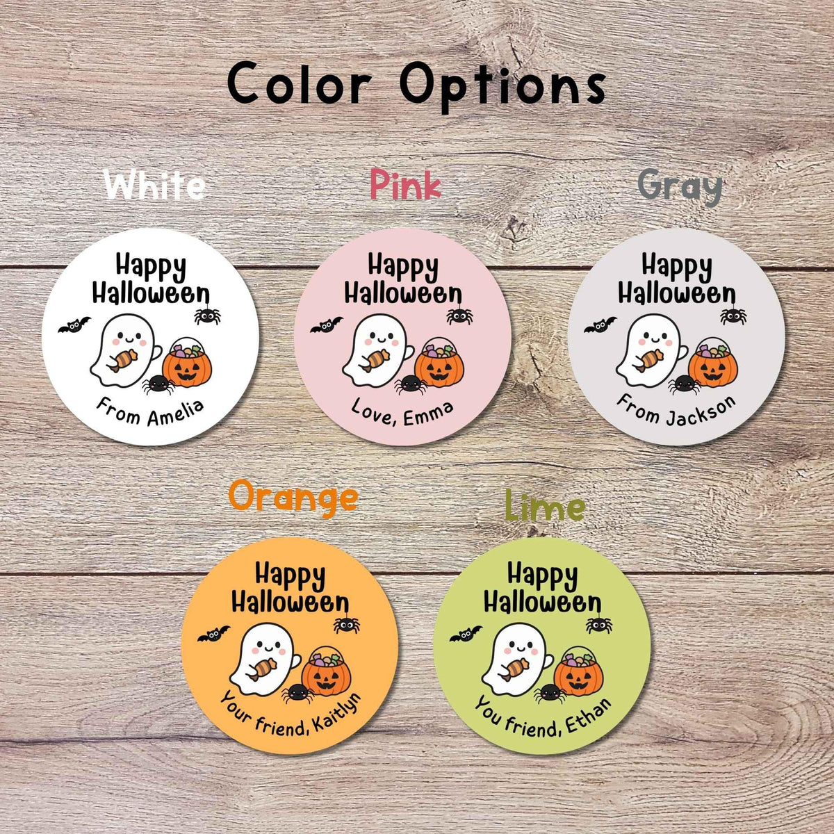 Ghost & Friends Personalized Happy Halloween Stickers, Custom Printed Kids Goody Bag Party School Event Labels