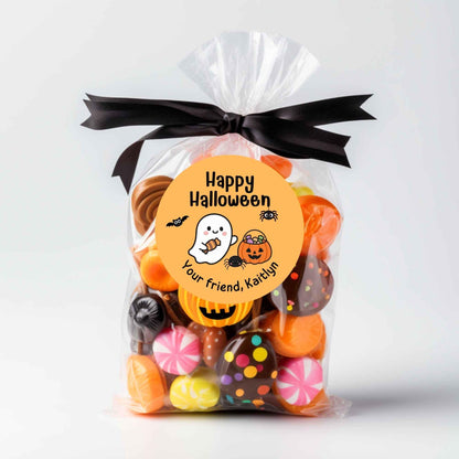 Ghost & Friends Personalized Happy Halloween Stickers, Custom Printed Kids Goody Bag Party School Event Labels