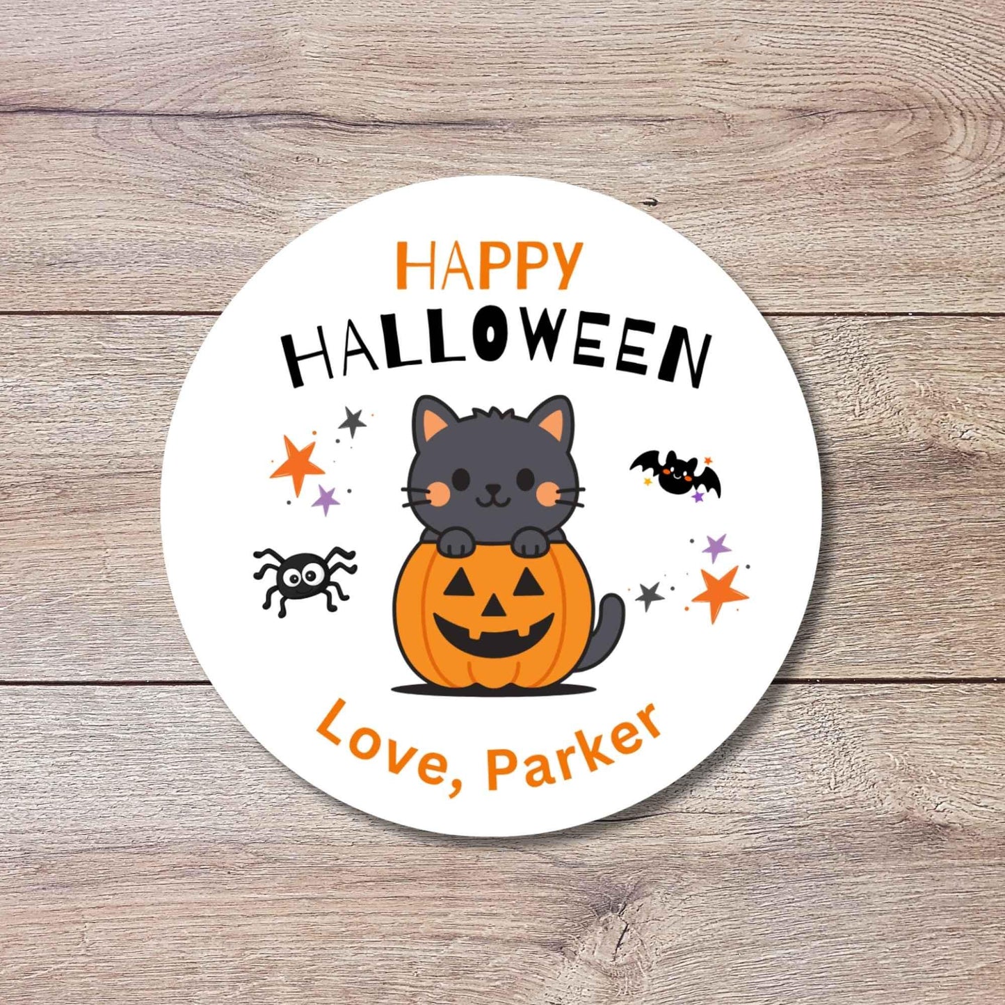 Cat and Pumpkin Personalized Halloween Stickers, Custom Kids School Party Favor Goody Bag Labels