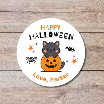 Cat and Pumpkin Personalized Halloween Stickers, Custom Kids School Party Favor Goody Bag Labels