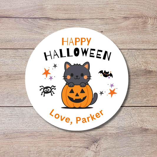 Cat and Pumpkin Personalized Halloween Stickers, Custom Kids School Party Favor Goody Bag Labels