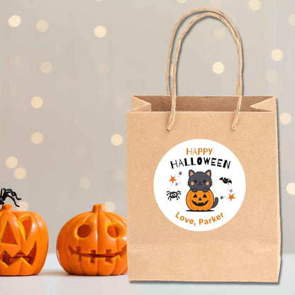 Cat and Pumpkin Personalized Halloween Stickers, Custom Kids School Party Favor Goody Bag Labels