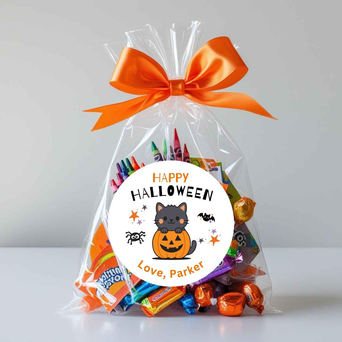 Cat and Pumpkin Personalized Halloween Stickers, Custom Kids School Party Favor Goody Bag Labels