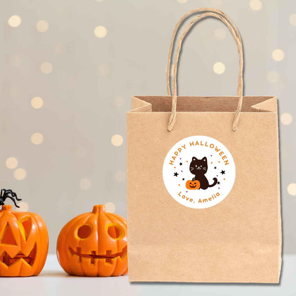 Personalized Cat and Pumpkin Halloween Stickers, Custom Kids School Party Favor Goody Bag Labels