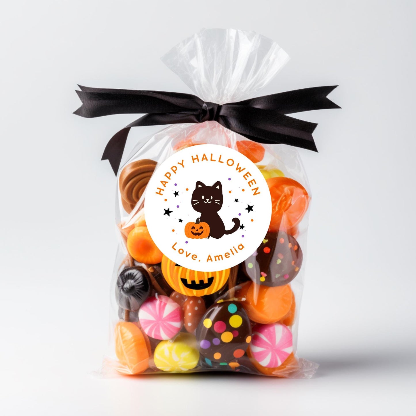 Personalized Cat and Pumpkin Halloween Stickers, Custom Kids School Party Favor Goody Bag Labels