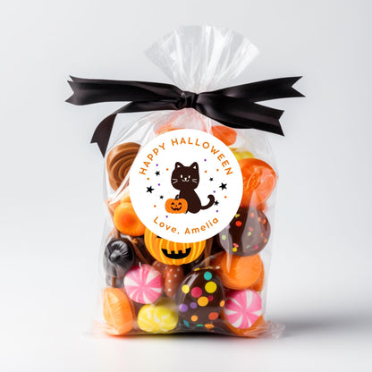Personalized Cat and Pumpkin Halloween Stickers, Custom Kids School Party Favor Goody Bag Labels