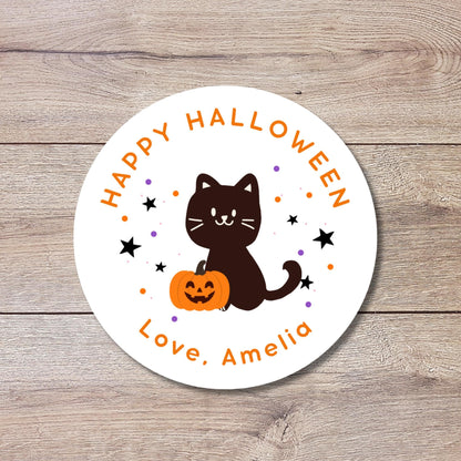Personalized Cat and Pumpkin Halloween Stickers, Custom Kids School Party Favor Goody Bag Labels