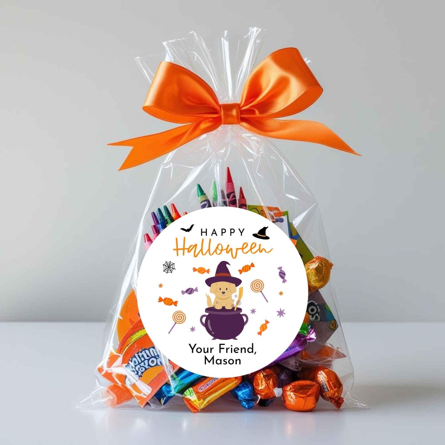 Personalized Happy Halloween Dog Witch Stickers, Custom Kids School Party Favor Goody Bag Labels
