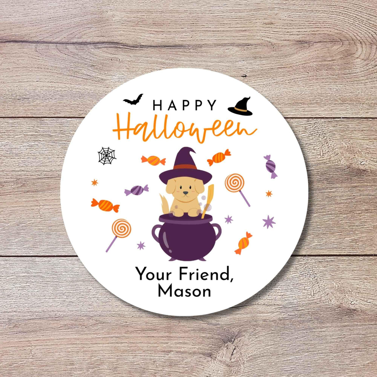 Personalized Happy Halloween Dog Witch Stickers, Custom Kids School Party Favor Goody Bag Labels
