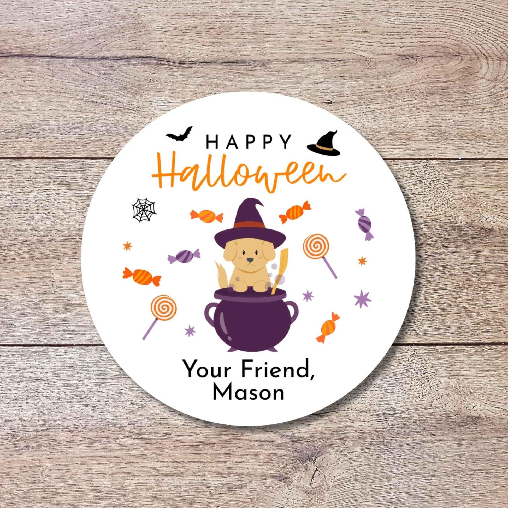 Personalized Happy Halloween Dog Witch Stickers, Custom Kids School Party Favor Goody Bag Labels
