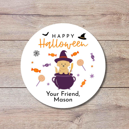 Personalized Happy Halloween Dog Witch Stickers, Custom Kids School Party Favor Goody Bag Labels