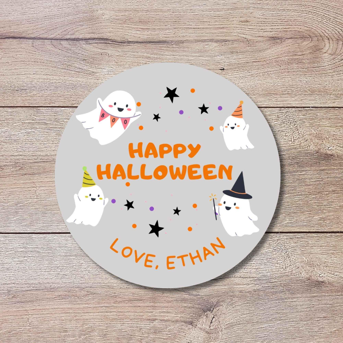 Personalized Festive Ghost Halloween Stickers, Custom Kids School Classroom Party Favor Gift Bag Labels