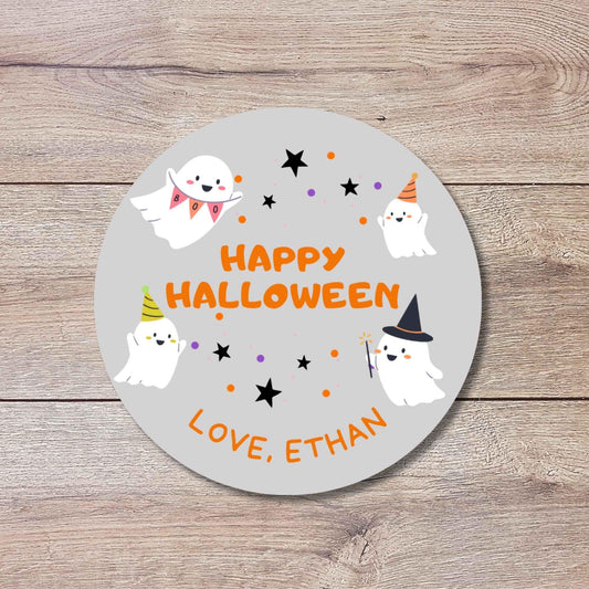 Personalized Festive Ghost Halloween Stickers, Custom Kids School Classroom Party Favor Gift Bag Labels