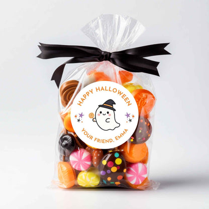 Personalized Ghost Witch Happy Halloween Stickers, Custom Kids School Classroom Party Favor Gift Bag Labels