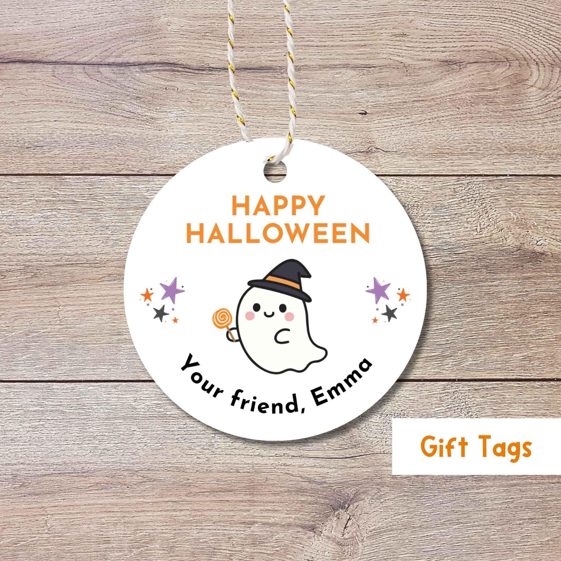 Personalized Ghost Witch Happy Halloween Gift Tags, Custom Kids School Classroom Party Favor Gift Labels