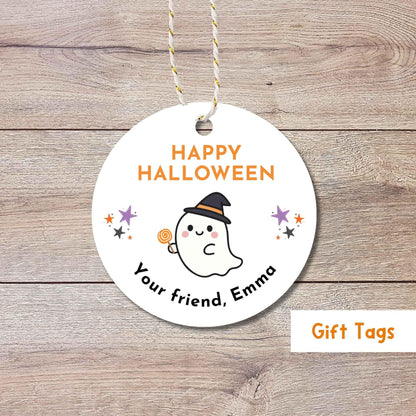 Personalized Ghost Witch Happy Halloween Gift Tags, Custom Kids School Classroom Party Favor Gift Labels