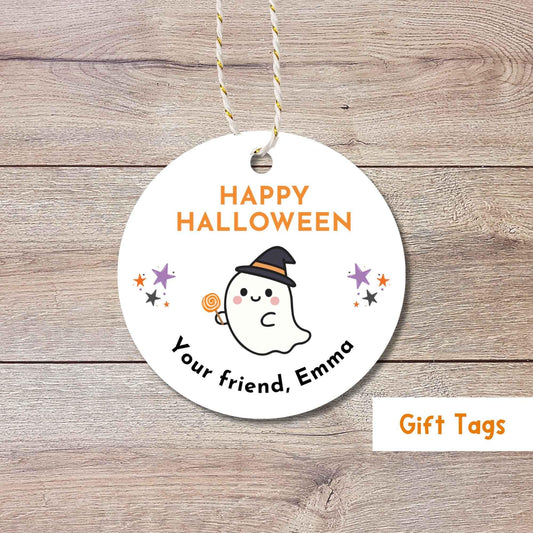Personalized Ghost Witch Happy Halloween Gift Tags, Custom Kids School Classroom Party Favor Gift Labels