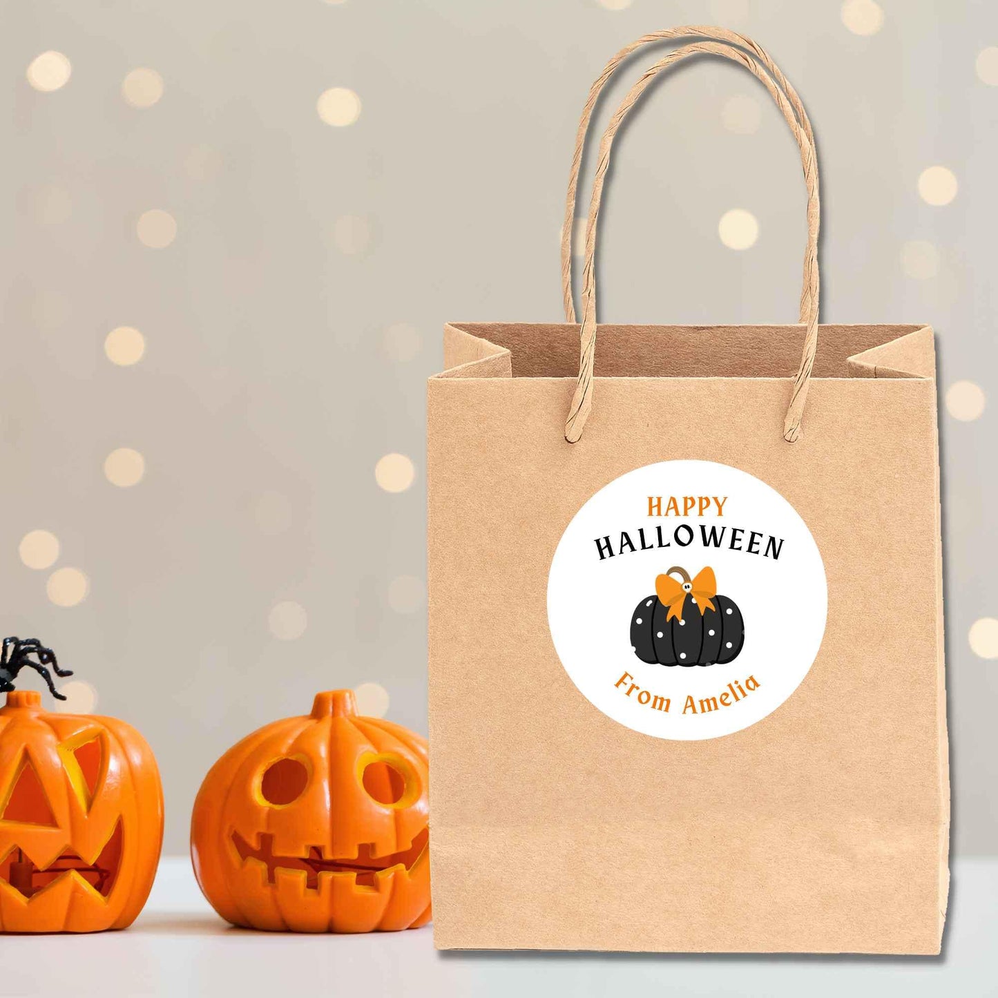 Personalized Polka Dots Pumpkin Happy Halloween Stickers, Custom Kids School Classroom Party Favor Gift Bag Labels