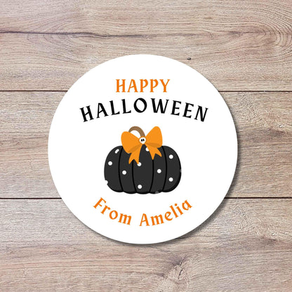 Personalized Polka Dots Pumpkin Happy Halloween Stickers, Custom Kids School Classroom Party Favor Gift Bag Labels