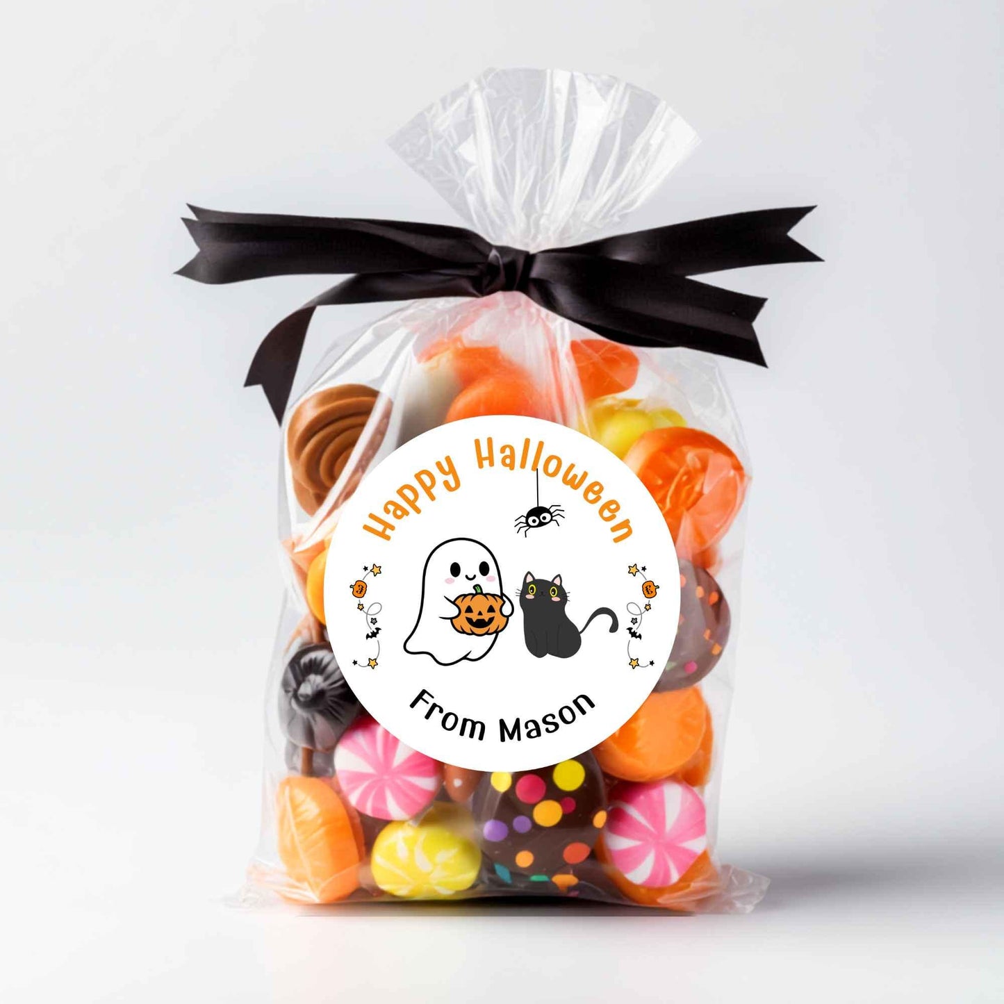 Personalized Ghost Cat and Pumpkin Happy Halloween Stickers, Custom Kids School Classroom Party Favor Gift Bag Labels