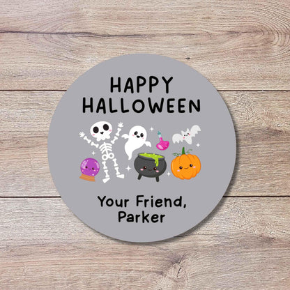Personalized Ghost Skeleton and Pumpkin Happy Halloween Stickers, Custom Kids School Classroom Party Favor Gift Bag Labels