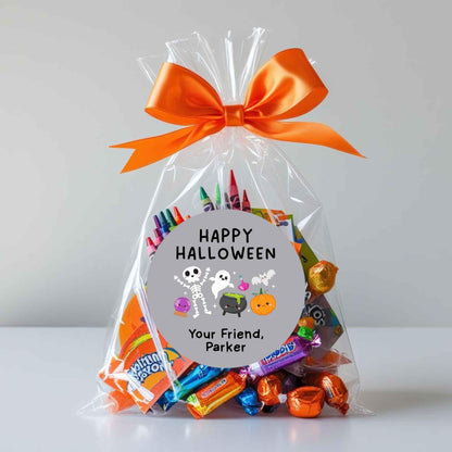 Personalized Ghost Skeleton and Pumpkin Happy Halloween Stickers, Custom Kids School Classroom Party Favor Gift Bag Labels
