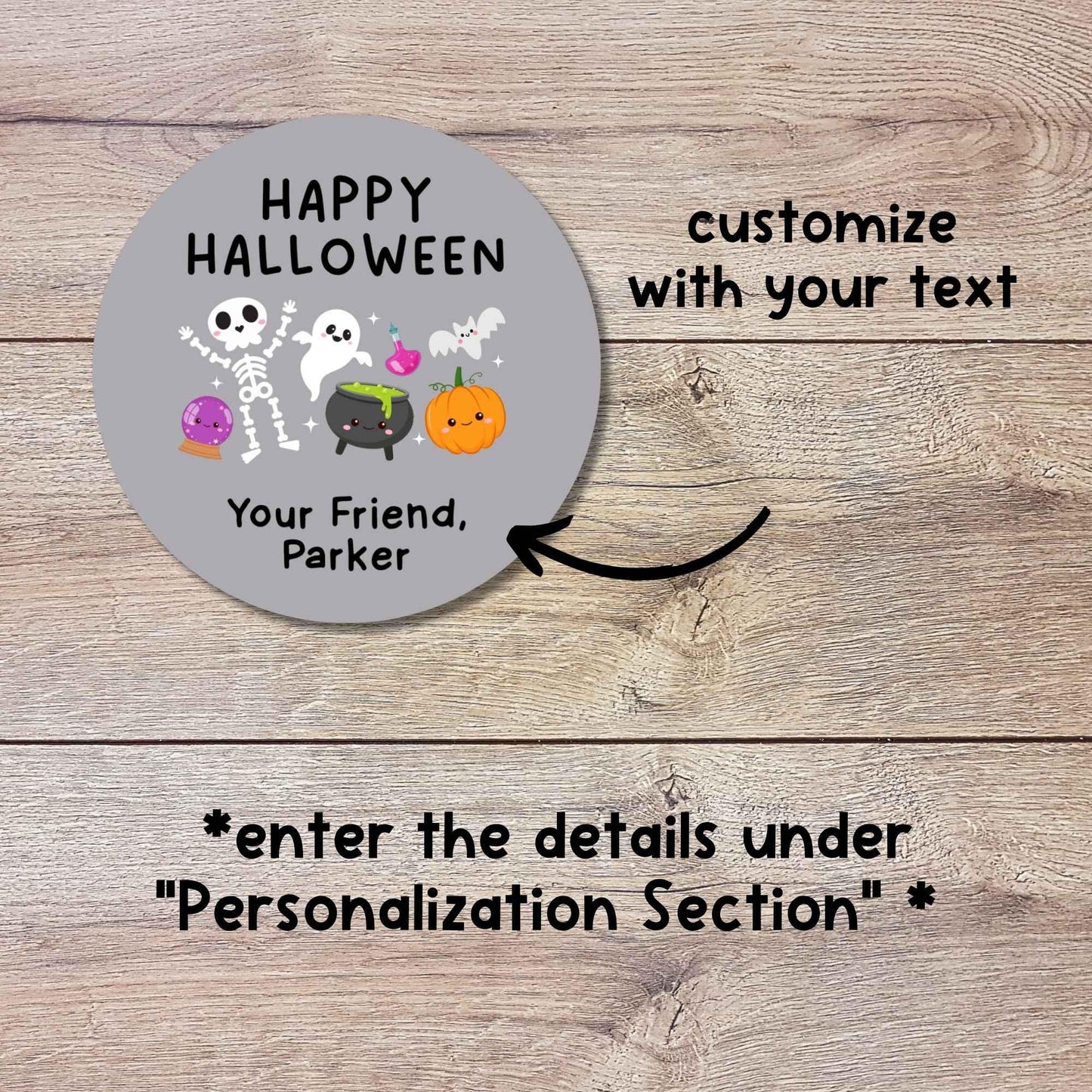 Personalized Ghost Skeleton and Pumpkin Happy Halloween Stickers, Custom Kids School Classroom Party Favor Gift Bag Labels
