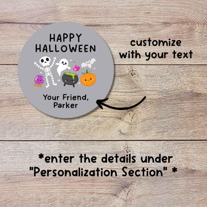 Personalized Ghost Skeleton and Pumpkin Happy Halloween Stickers, Custom Kids School Classroom Party Favor Gift Bag Labels