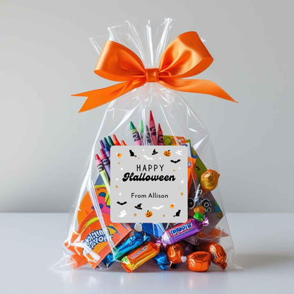 Personalized Happy Halloween Square Stickers, Custom Printed Labels for Kids’ Classroom Party Goody Bags, Trick or Treat Event