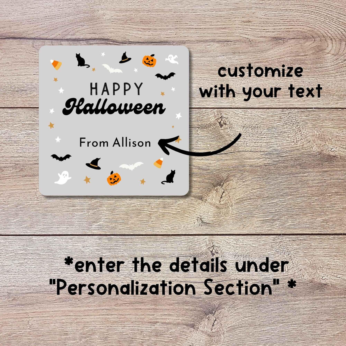 Personalized Happy Halloween Square Stickers, Custom Printed Labels for Kids’ Classroom Party Goody Bags, Trick or Treat Event
