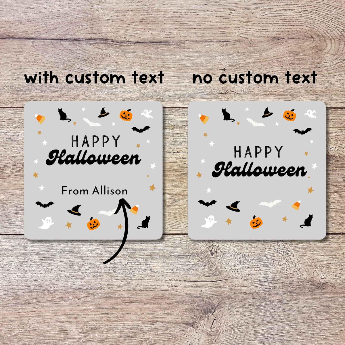 Personalized Happy Halloween Square Stickers, Custom Printed Labels for Kids’ Classroom Party Goody Bags, Trick or Treat Event