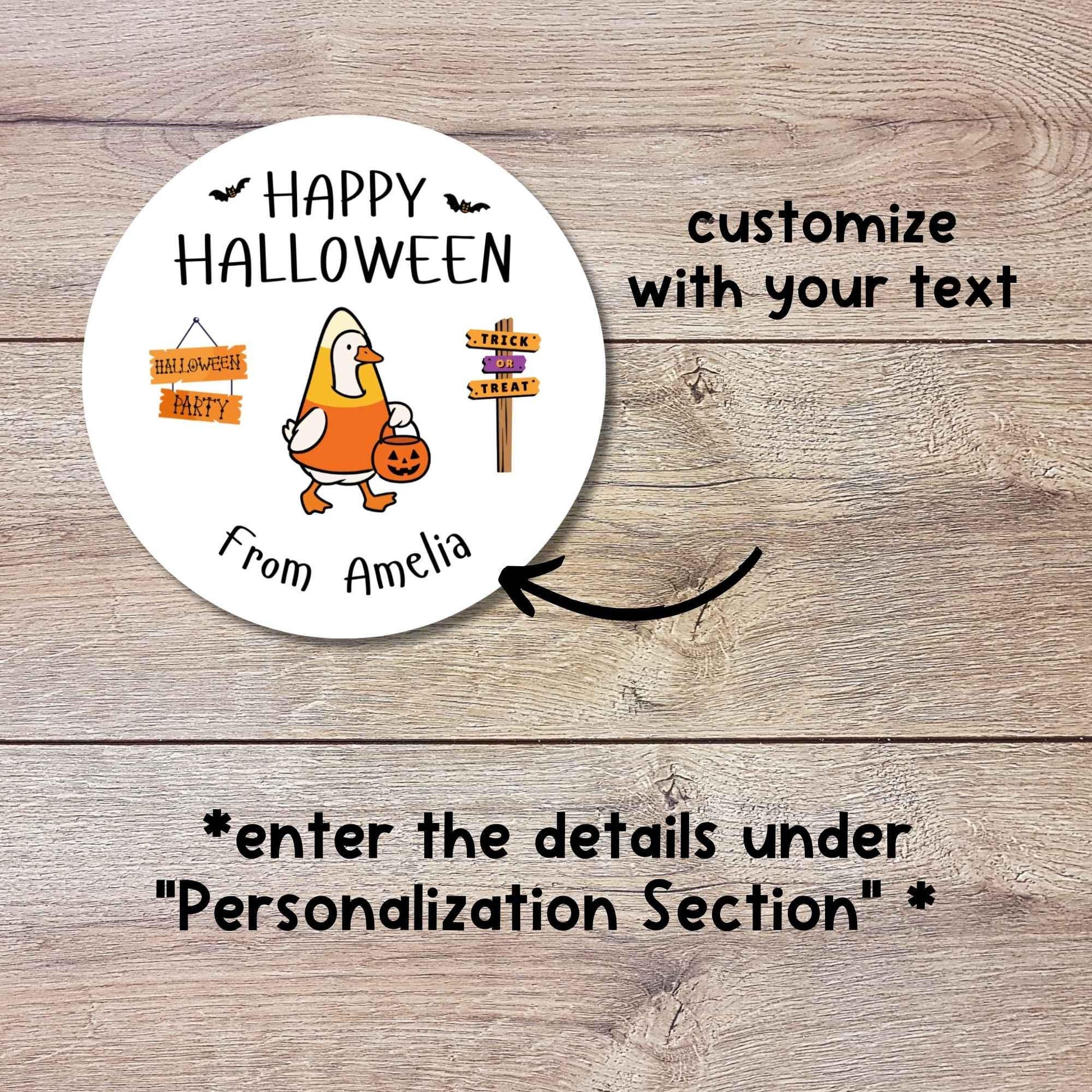 Personalized Halloween Goose in Candy Corn Costume Stickers, Custom Kids School Classroom Party Favor Gift Bag Labels