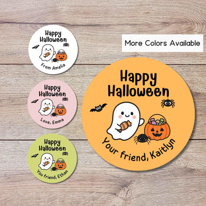 Ghost & Friends Personalized Happy Halloween Stickers, Custom Printed Kids Goody Bag Party School Event Labels