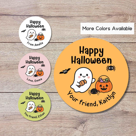 Ghost & Friends Personalized Happy Halloween Stickers, Custom Printed Kids Goody Bag Party School Event Labels