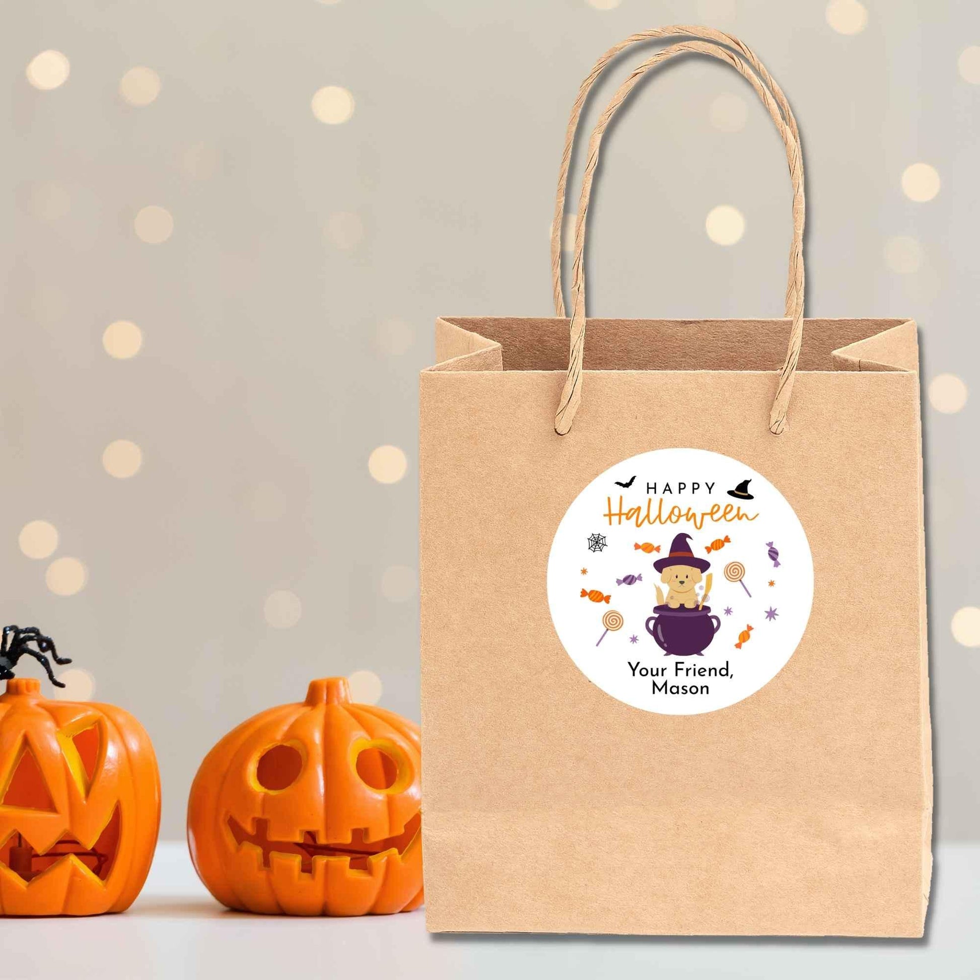 Personalized Happy Halloween Dog Witch Stickers, Custom Kids School Party Favor Goody Bag Labels